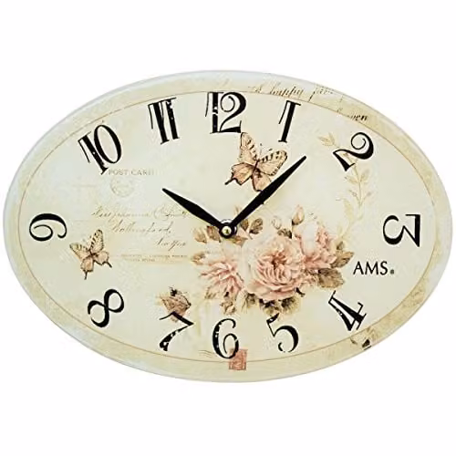 Reloj de pared analógico AMS modelo 9478 con diseño floral vintage en madera y cristal, multicolor y beige, An/P/Al: 33 x 24 x 7 cm