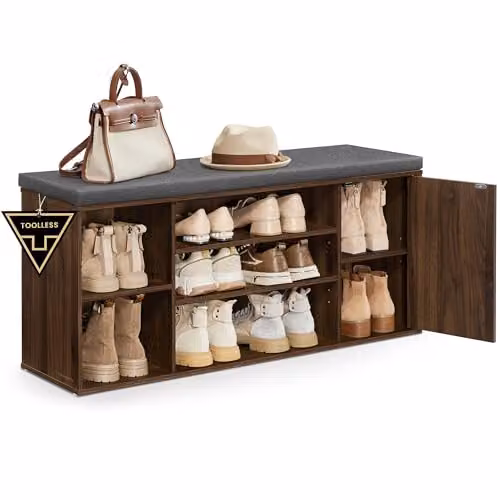 Banco zapatero para recibidor SONGMICS HOME con estantes ajustables, color blanco, gris y marrón
