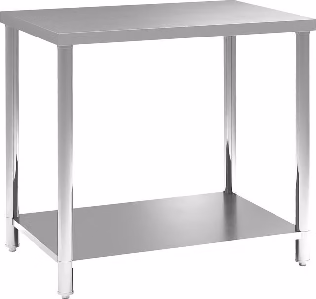 Mesa de trabajo de acero inoxidable HOMCOM en color plata con 2 estantes y altura ajustable, An/P/Al: 90 x 60 x 86 cm