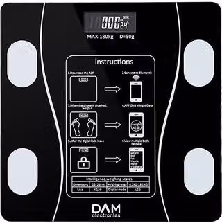Báscula Inteligente Dam con Bioimpedancia, Bluetooth y App en Negro para Medición de Grasa Corporal e IMC