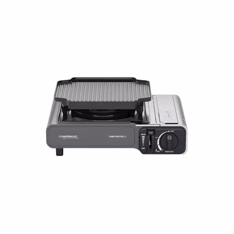 Hornillo de gas Campingaz Bistro 3 + Parrilla en color negro con 2.2 kW de potencia y encendido piezoeléctrico