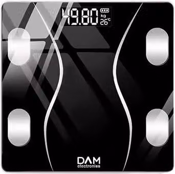 Báscula Inteligente DAM con Bioimpedancia, Bluetooth y App para Medición de Grasa Corporal e IMC, Negro