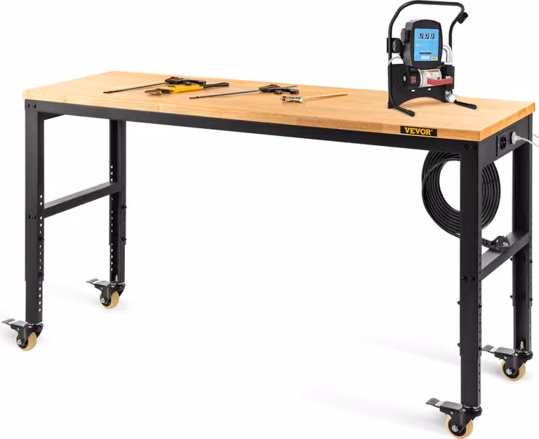 Mesa de trabajo VEVOR con altura ajustable y regleta de enchufes, estructura de acero y madera marrón, capacidad de carga 900 kg, An/P: 183 x 64 cm, Altura regulable: 72 a 97 cm