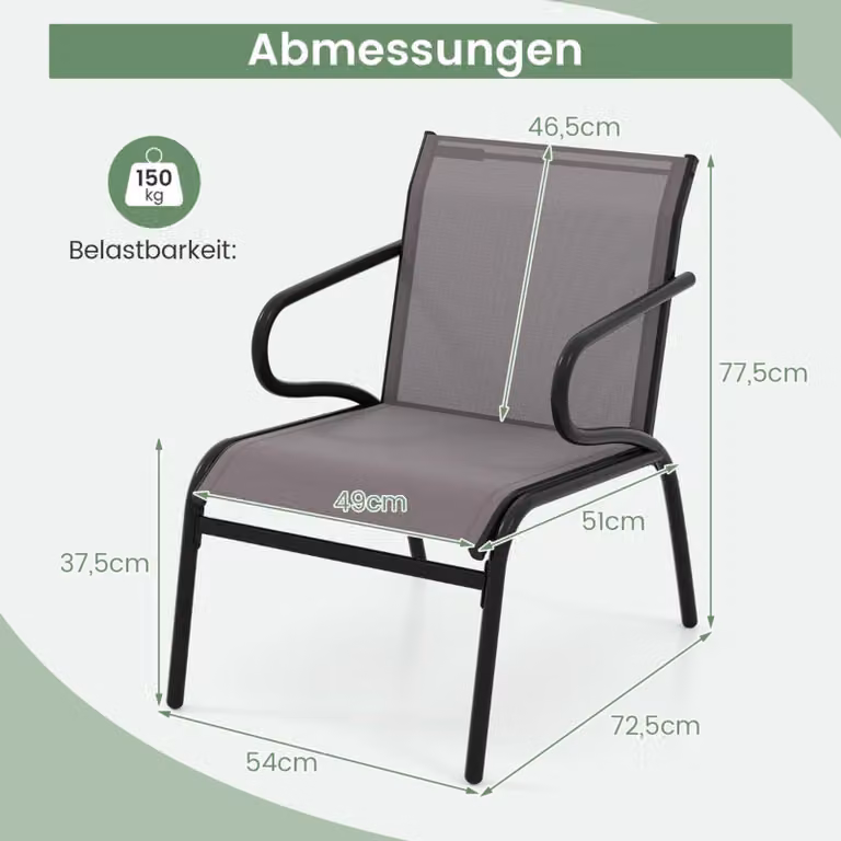 Set de 2 sillas de jardín Northix modernas en color gris con tejido textileno transpirable y estructura de acero mate con capacidad de carga de 150 kg
