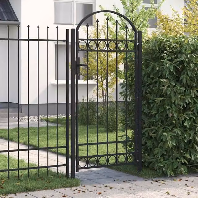 Puerta de valla ASSEN de acero con arco superior vidaXL, color negro, An/Al: 102 x 200 cm