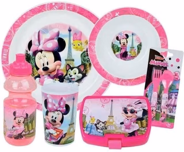 Set de vajilla infantil Disney Minnie Mouse de Fun House en melamina multicolor con vaso, plato de sopa, plato, botella de agua, caja de snacks y cubiertos