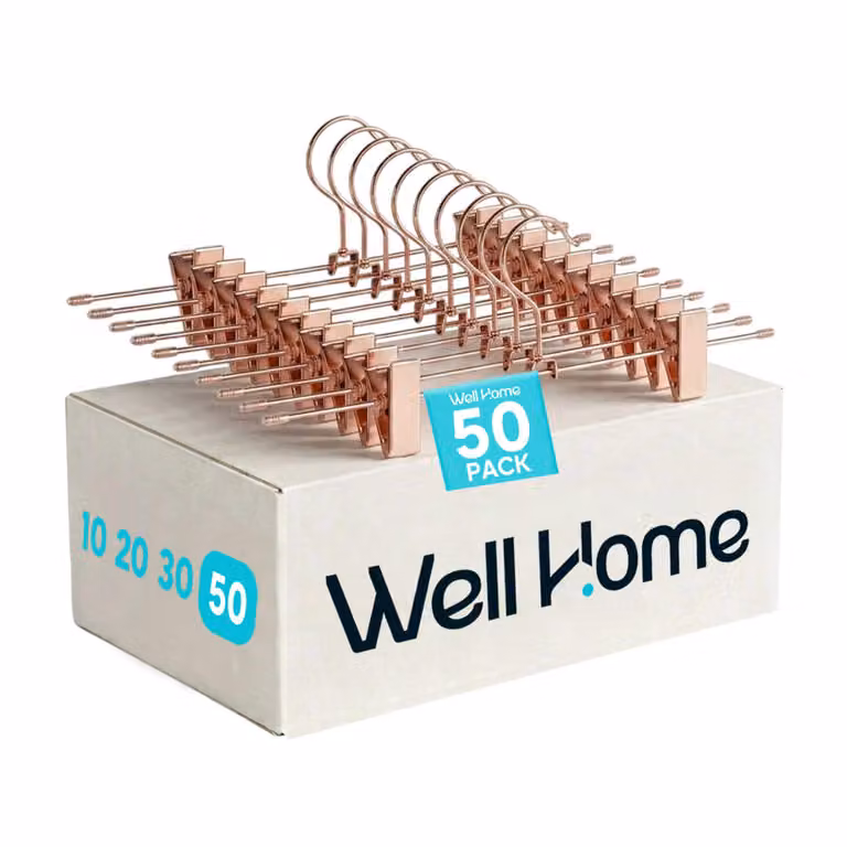 Set de 50 perchas de metal WELLHOME con pinzas antideslizantes y gancho giratorio en color rosa y dorado