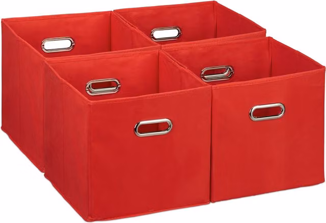 Set de 4 cajas de almacenaje plegables con asas Relaxdays, color rojo y plata, de textil y cartón, An/P/Al: 30 x 30 x 30 cm