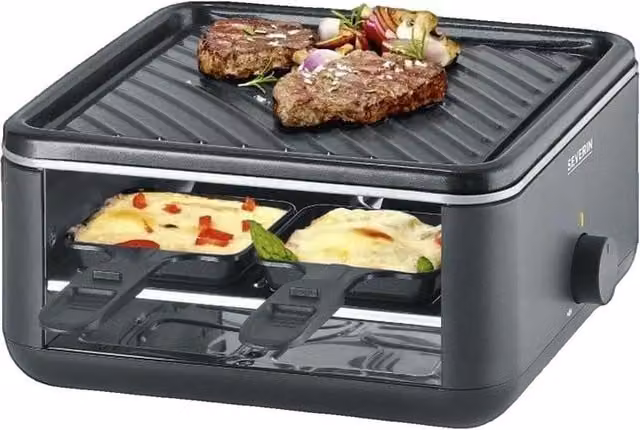 Mini raclette grill Severin RG 2360 de 800 W en color negro con revestimiento antiadherente y termostato ajustable