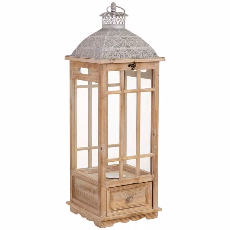 Farol de madera Wanderlust deco color beige y cristal, estilo rústico, An/P/Al: 23.5 x 23.5 x 69 cm