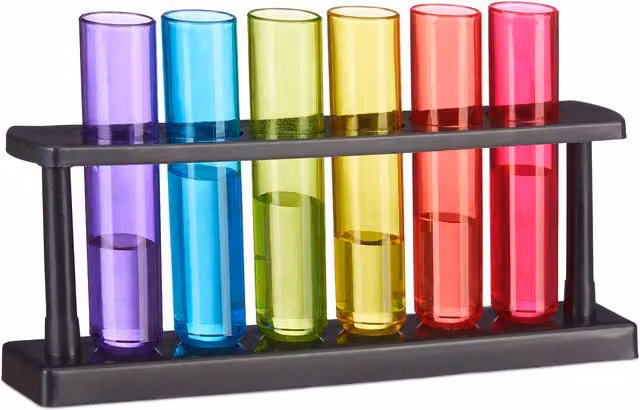 Juego de 60 vasos para chupitos con forma de tubo de ensayo y soporte de relaxdays, multicolor, plástico, 4 cl