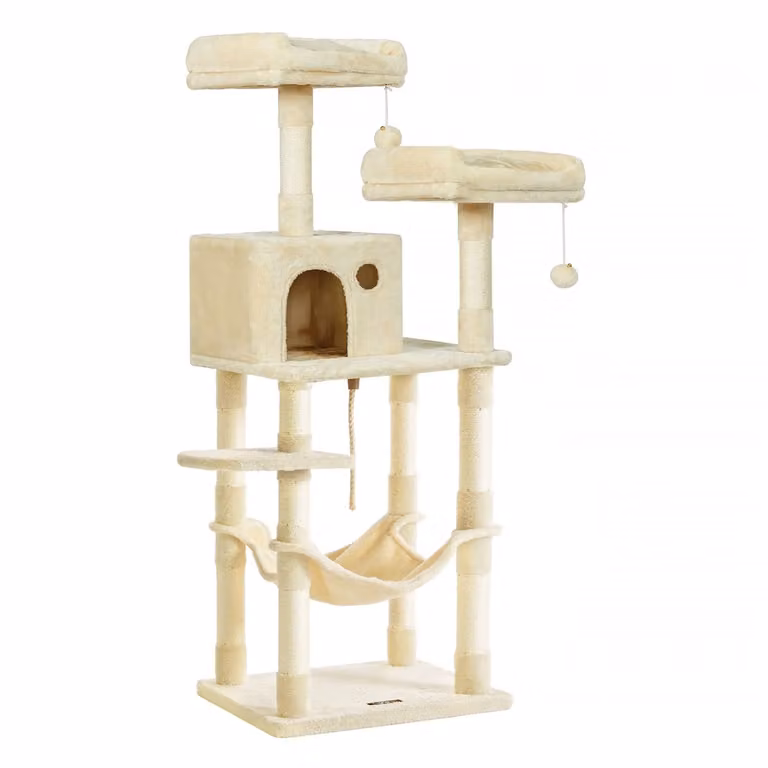 Rascador para gatos Feandrea de 143 cm de altura con hamaca, cueva y postes de sisal en color beige