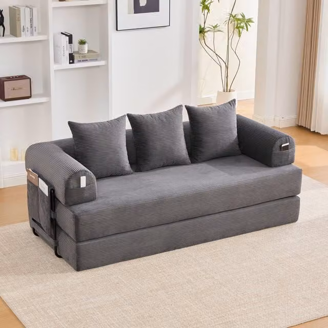 Sofá plegable Kellany de tela de pana gris con estructura metálica y 3 cojines, An/P/Al: 140 x 190 cm
