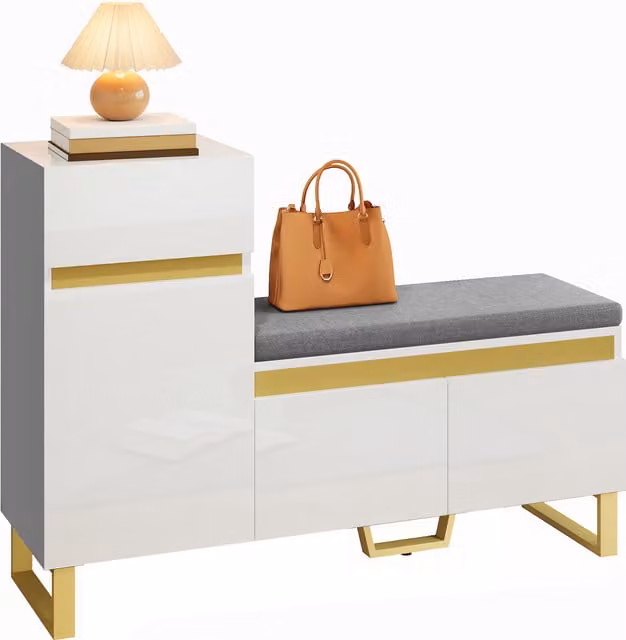 Zapatero Stilvora con 2 puertas, 1 cajón y banco con cojín de tela, estilo moderno en MDF blanco con brillo parcial, An: 120 cm, P: 35 cm, Al: 85 cm