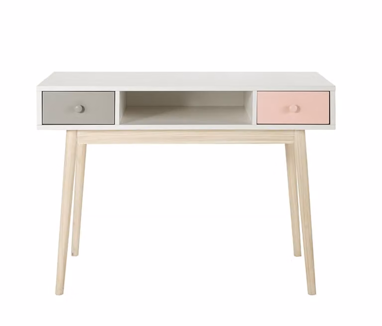 Escritorio infantil Maisons du Monde en blanco, rosa y gris con 2 cajones y estructura de madera de pino y MDF