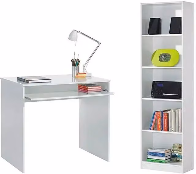 Escritorio moderno con estantería IJoy en color blanco para niños o despacho en casa, compuesto por 2 piezas de MDF laminado