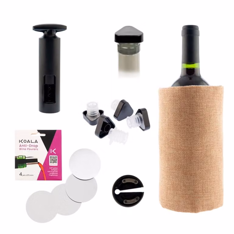 Set de exploración para la degustación de vinos Koala de 4 piezas con tapón antigoteo en colores marrón y negro