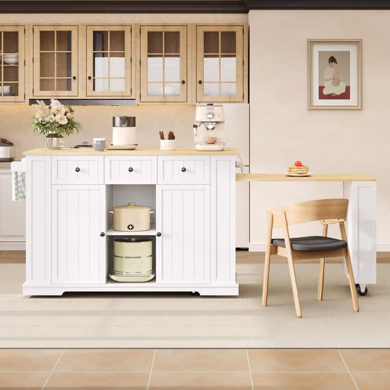 Isla de cocina Okwish con encimera extensible, barra con cajones y estante lateral en color blanco