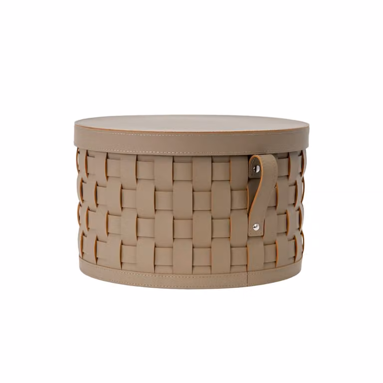 Cesta decorativa de almacenaje redonda Angel Cerdá con tapa y asas en piel regenerada color beige