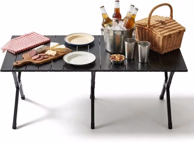 Mesa de camping plegable Relaxdays con altura ajustable y bolsa de transporte, negra, An/P/Al: 120 x 44 x 60 cm