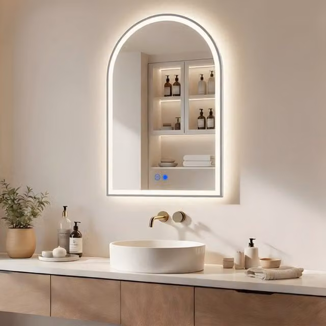 Espejo de baño Artforma con forma de arco, LED de doble color, sensor táctil y función antivaho, marco plata cepillada, An/Al: 70 x 100 cm