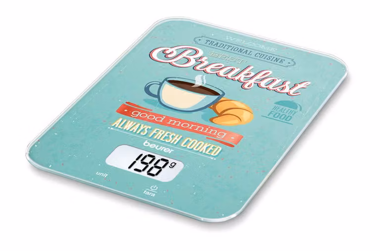 Báscula de cocina digital Beurer KS 19 Breakfast con pantalla LCD y superficie de cristal en color turquesa, capacidad 5 kg y precisión de 1 g
