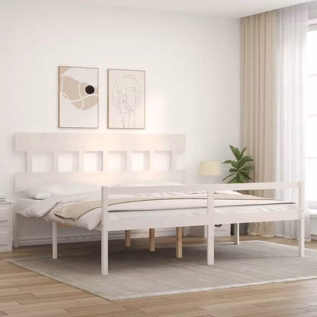 Cama para personas mayores SYFAX de madera maciza de pino blanca con estilo rústico An/P/Al: 200 x 81 x 205,5 cm
