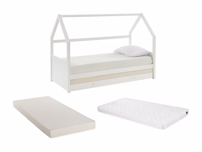 Cama nido tipo cabaña HURRA de pino lacado blanco con colchón de espuma para niños An/P/Al: 198 x 90 x 143 cm