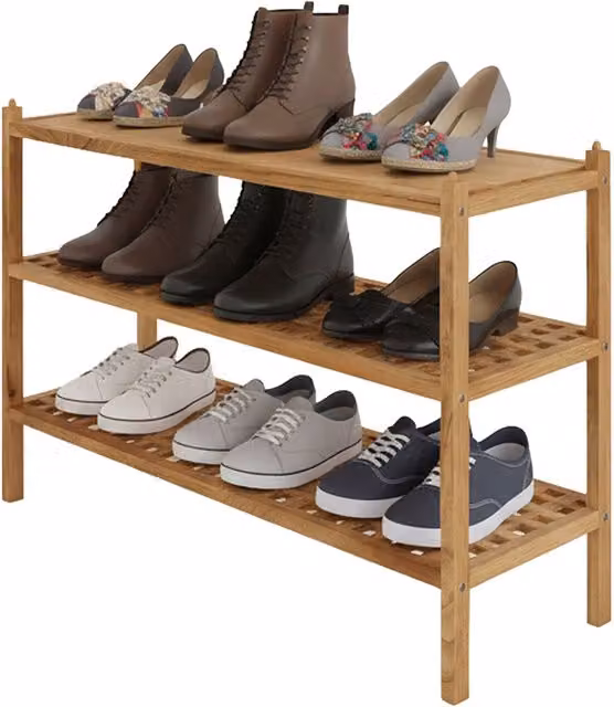 Zapatero apilable de 3 niveles NORTHIO en madera color nogal con capacidad para 9 pares de zapatos
