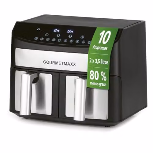 Freidora de aire Gourmetmaxx de 7 litros con doble cesta, color plata y negro, con pantalla digital, temporizador y función de mantener caliente