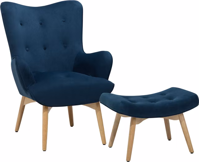Sillón orejero retro Beliani Vejle con reposapiés en terciopelo azul oscuro y patas de madera de caucho An/P/Al: 100 x 78 x 81 cm