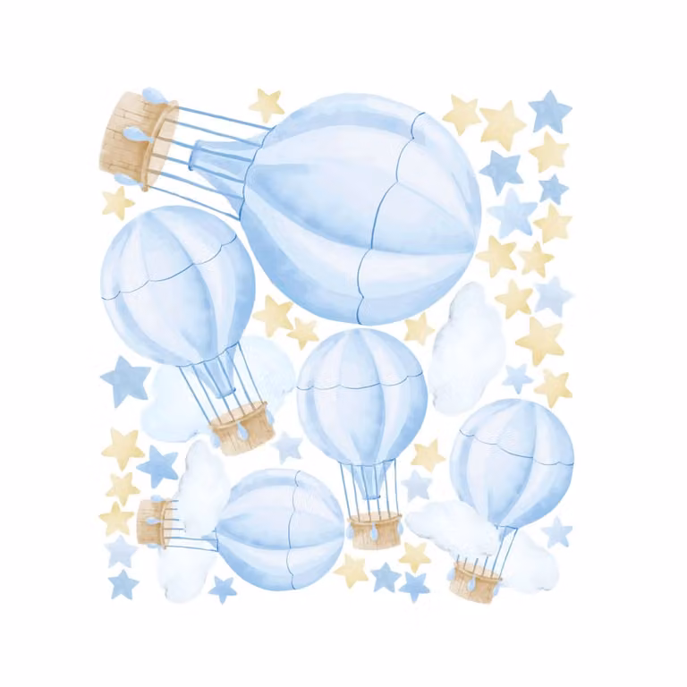 Stickers decorativos de pared de globos aerostáticos Nicolasito en color azul y tamaño mediano