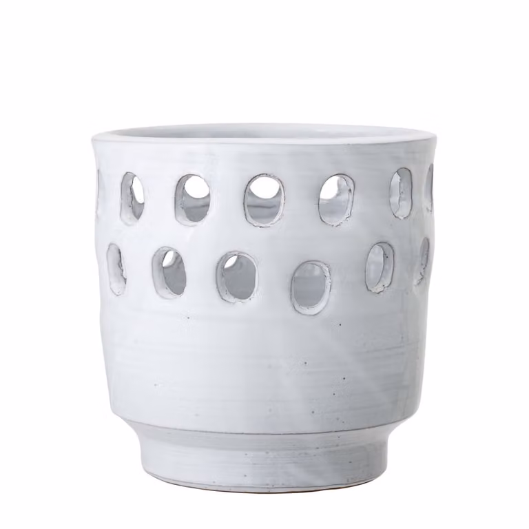 Farol de cerámica Bloomingville blanco con diseño de puntos para mesa y portavelas de pilar, Altura: 18 cm