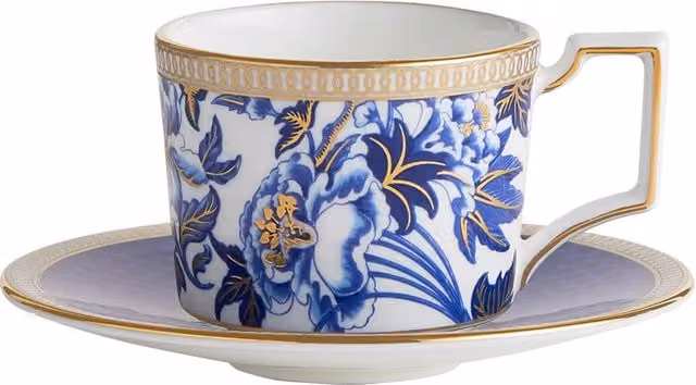Taza de café con plato Hibiscus Wedgwood de porcelana en blanco, azul y dorado con diseño floral