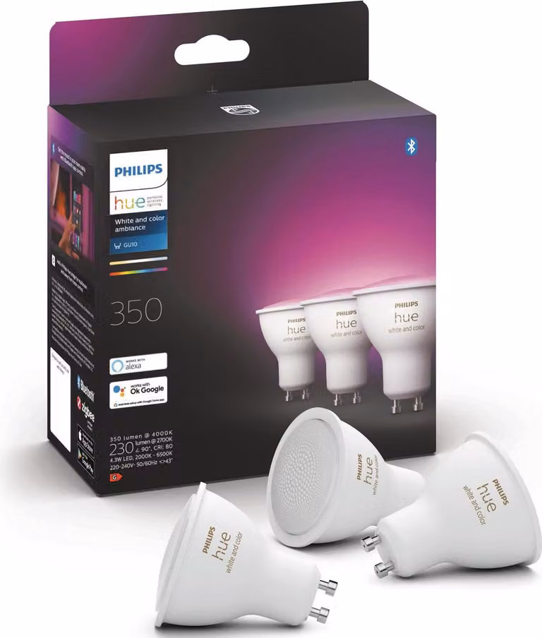 Pack de 3 bombillas LED Philips Hue GU10 regulables en color y luz blanca con tecnología Zigbee y Bluetooth