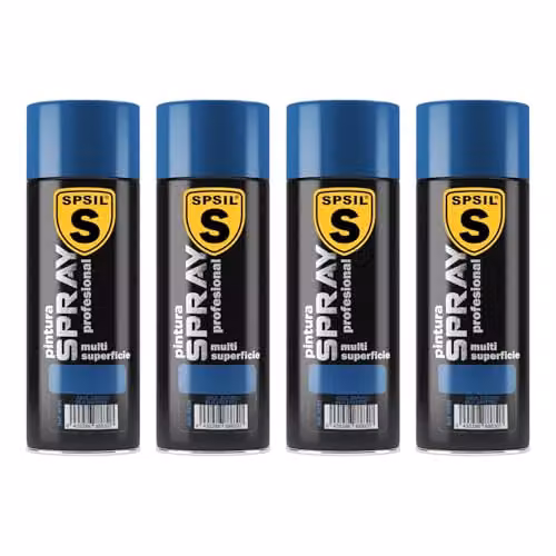 Pack de 4 unidades de Pintura Spray SPSIL Brillante Azul Zafiro de 200 ml para Metal, Madera y Plástico con Secado Rápido