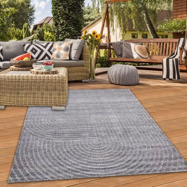 Alfombra Teppich-Traum de estilo bohemio con dibujo de ondas para exterior e interior, resistente a la intemperie y fácil de limpiar, color gris antracita, An/P: 120 x 160 cm