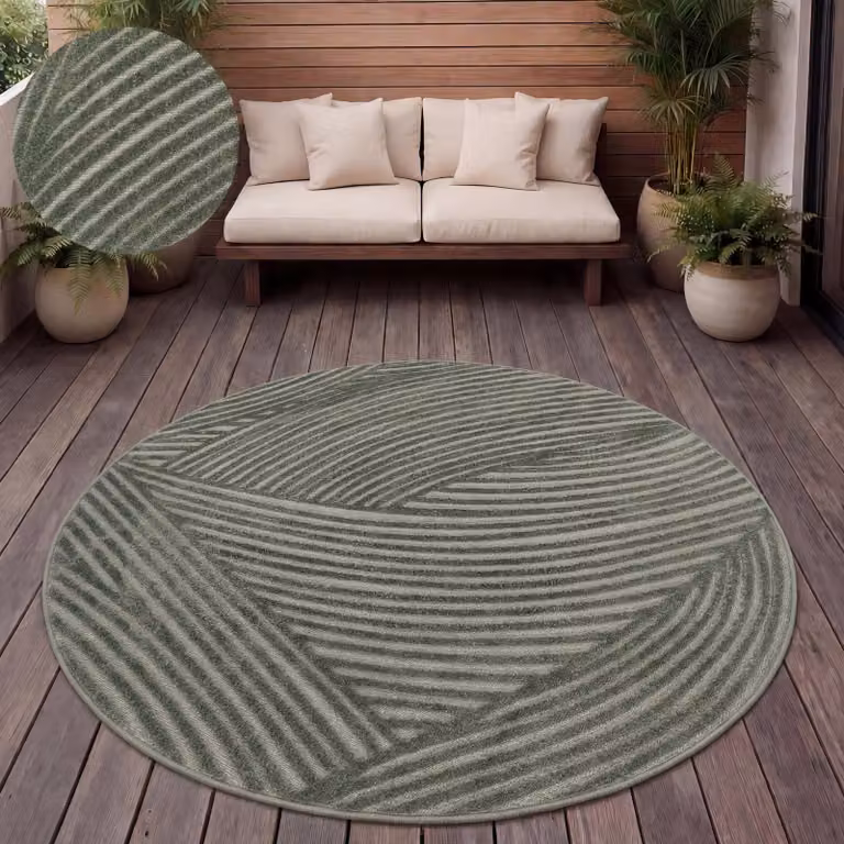 Alfombra redonda Paco Home de estilo escandinavo bohemio en color verde y beige, resistente a la intemperie y apta para exteriores, Diámetro: 160 cm