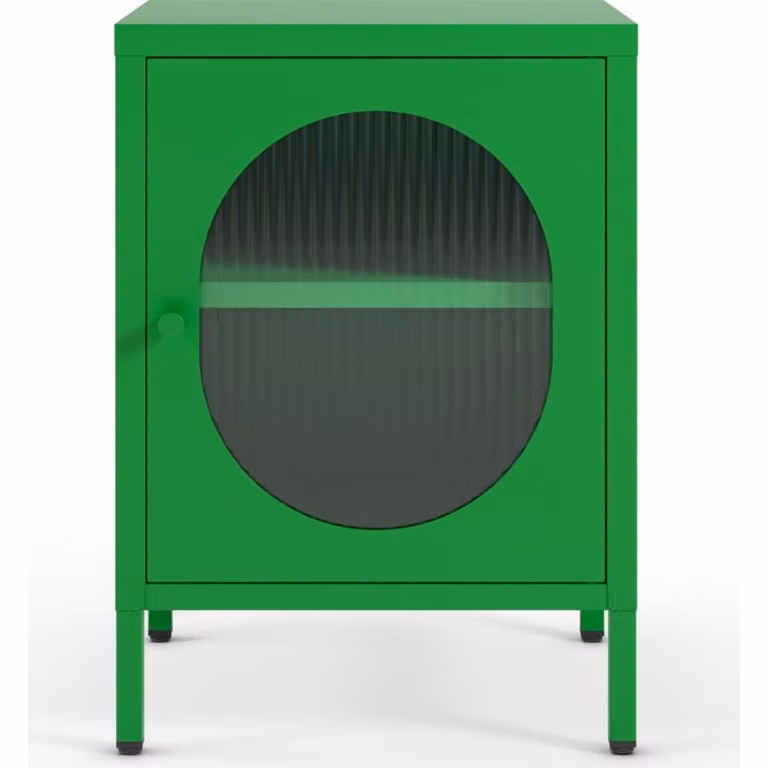 Mesita de noche Homifab de metal y cristal con diseño geométrico en color verde mate para tu dormitorio