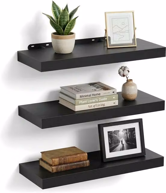 Set de 3 estanterías de pared Relaxdays en color negro con efecto madera, fabricadas en metal y MDF, An/Al/P: 50 x 4 x 23 cm