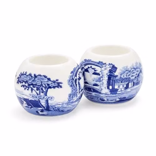 Juego de 2 portavelas Spode Blue Italian en porcelana blanca y azul con diseño floral clásico para velas tealight