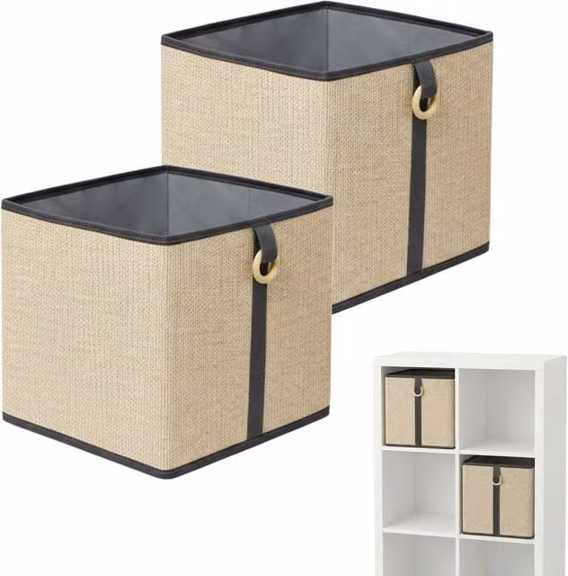 Pack de 2 cestas de almacenaje Relaxdays de bambú y tela con asa para estantería y baño, An/P/Al: 30 x 30 x 30 cm, marrón/negro/gris/beige