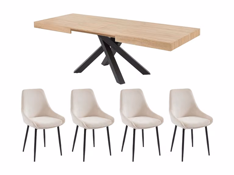 Conjunto de mesa rectangular extensible y 4 sillas Masurie en beige y blanco