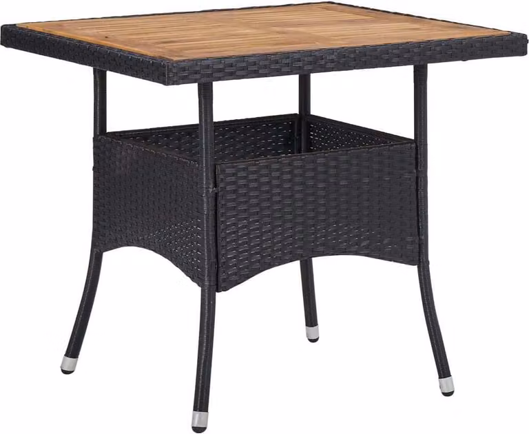 Mesa de comedor moderna para jardín o terraza Syfax de ratán sintético y madera de acacia en color negro y marrón An/P/Al: 80 x 80 x 75 cm