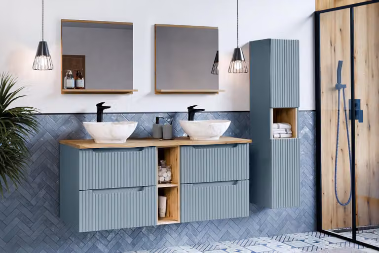Conjunto de mueble moderno COMAD en color azul con armario y cesto para la ropa, Ancho: 100 cm