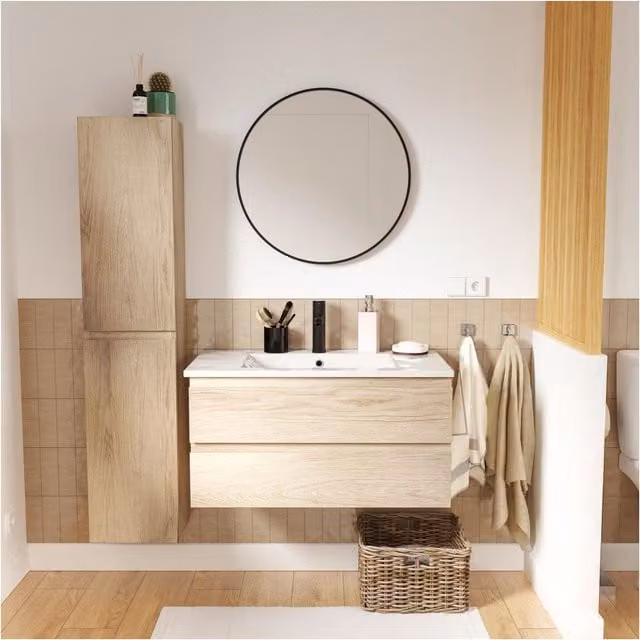 Conjunto de mueble de baño Sorrento con lavabo, espejo y columna en color roble y negro, An/P/Al: 80 x 45 x 140 cm