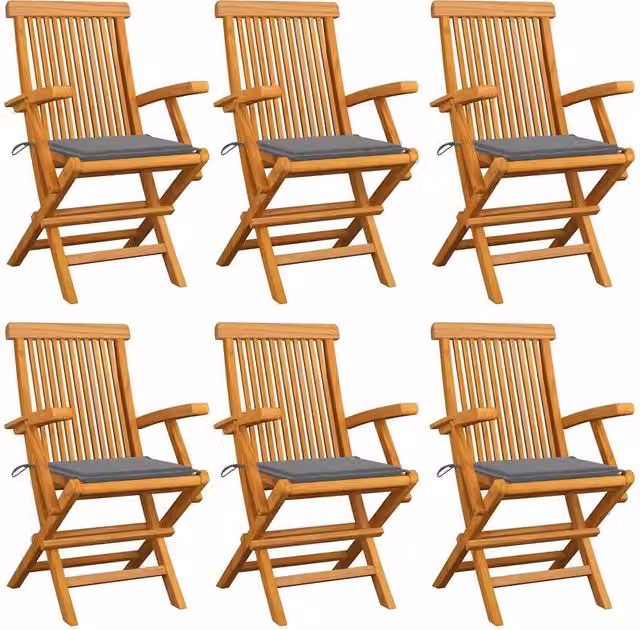 Set de 6 sillas de jardín SYFAX de madera de teca tratada con cojines grises y reposabrazos