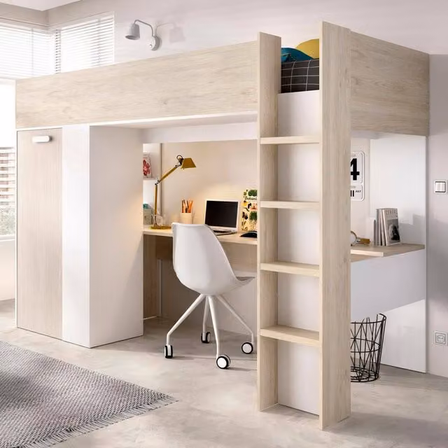 Conjunto de dormitorio infantil Maha de DMORA con cama y armario en blanco y roble, An/P/Al: 206 x 111 x 177,5 cm