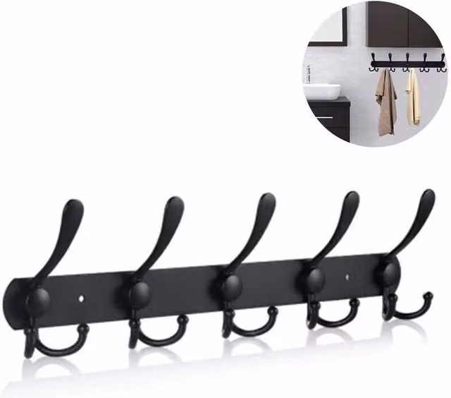 Perchero de pared Elle con 5 ganchos en acero inoxidable negro mate, Ancho: 40 cm, Profundidad: 4,2 cm