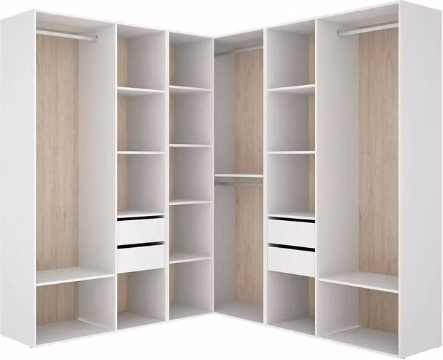 Vestidor de rincón Reus DKT con 4 cajones, estantes y barra de colgar, color blanco y beige, An/P/Al: 182.4 x 186.3 x 204.5 cm